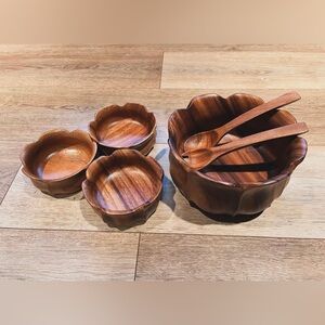 Vintage wood serving bowls and utensils